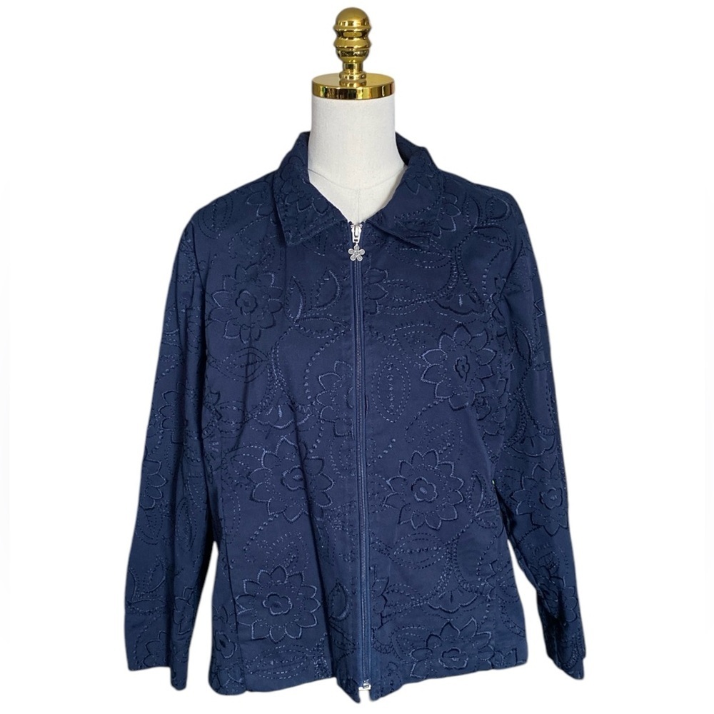 Graff Vtg Women XL Navy Blue Floral Embroidered Full Zip Collared Blazer Jacket